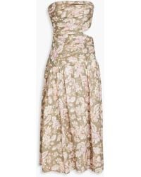Zimmermann - Strapless Cutout Floral-print Linen Midi Dress - Lyst