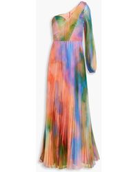 THEIA - Elle One-sleeve Pleated Tie-dyed Chiffon Gown - Lyst