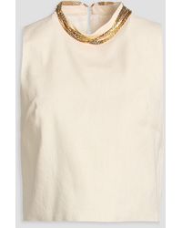 Sandro - Cropped Embellished Linen-blend Twill Top - Lyst