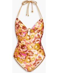 Zimmermann - Knotted Floral-print Halterneck Swimsuit - Lyst