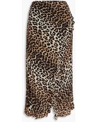 Ganni - Ruffled Leopard-print Stretch-mesh Midi Wrap Skirt - Lyst