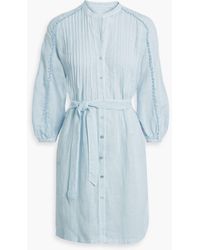 120% Lino - Belted Pintucked Linen Mini Shirt Dress - Lyst