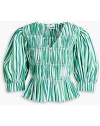 Ganni - Shirred Striped Cotton-poplin Blouse - Lyst