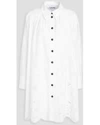 Ganni - Gathered Organic Cotton Broderie Anglaise Mini Shirt Dress - Lyst