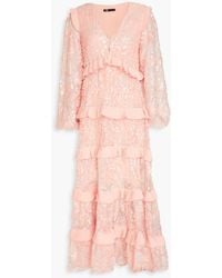 Maje - Ruffled Crepe-trimmed Sequined Plissé-tulle Maxi Dress - Lyst