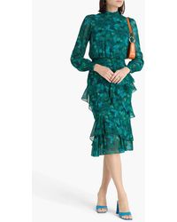 Saloni Vida D Ruffled Floral-Print Silk-Satin Dress in Green | Lyst UK