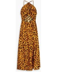 Sandro - Cutout Ruched Leopard-print Satin-twill Midi Dress - Lyst