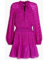 ML Monique Lhuillier - Wrap-effect Shirred Chiffon Mini Dress - Lyst