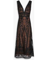 Marchesa - Tulle-Trimmed Guipure Lace Midi Dress - Lyst