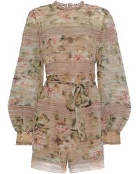 Zimmermann Lace-trimmed Floral-print Silk-chiffon Playsuit Blush - Multicolor