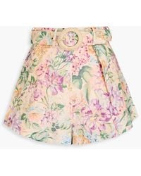 Zimmermann - Belted Floral-Print Linen Shorts - Lyst