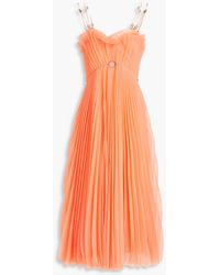 Christopher Kane Studded Pleated Stretch-mesh Midi Dress - Orange