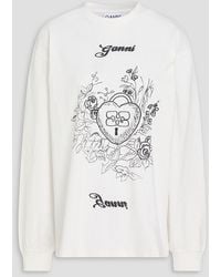 Ganni - Embroidered Printed Ribbed Cotton-Jersey Top - Lyst