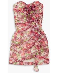 Alessandra Rich - Strapless Gathered Appliquéd Floral-print Silk-georgette Mini Dress - Lyst
