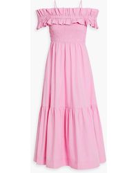 Ganni - Cold-Shoulder Shirred Cotton-Poplin Midi Dress - Lyst