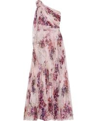 Marchesa notte One-shoulder Bow-embellished Pleated Floral-print Chiffon Gown - Pink