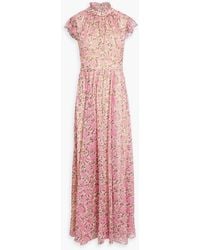 Mikael Aghal - Button-detailed Floral-print Chiffon Maxi Dress - Lyst