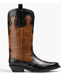 Ganni - Embroidered Two-tone Leather Cowboy Boots - Lyst