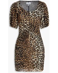 Ganni - Ruched Leopard-print Stretch-mesh Mini Dress - Lyst