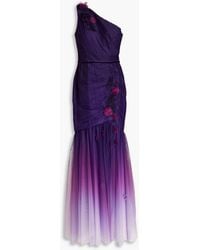 Marchesa - Robe aus tüll mit floralen applikationen, farbverlauf und asymmetrischer schulterpartie - Lyst
