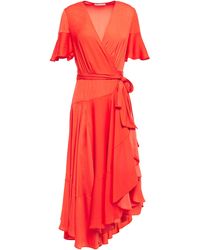 Maje Gathered Satin Midi Wrap Dress Coral