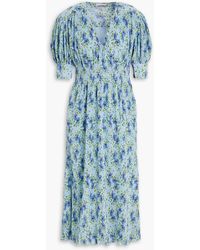 Ganni - Shirred Floral-print Crepon Midi Dress - Lyst
