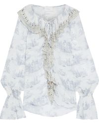 Camilla Lace-up Crystal-embellished Ruffled Printed Silk-georgette Blouse - Blue