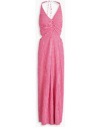 Ganni - Ruched Gingham Stretch-seersucker Maxi Dress - Lyst