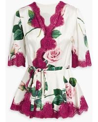 Dolce & Gabbana - Lace-trimmed Floral-print Silk-blend Satin Wrap Top - Lyst