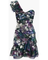 Marchesa - One-shoulder Metallic Floral-print Chiffon Mini Dress - Lyst