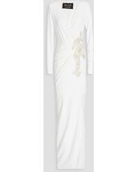 Rhea Costa - Wrap-effect Embellished Satin-jersey Gown - Lyst