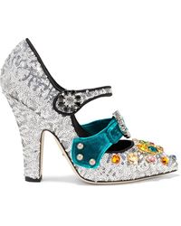 Dolce & Gabbana - Velvet-trimmed Embellished Sequined Leather Mary Jane Pumps - Lyst