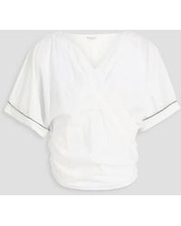 Brunello Cucinelli - Cropped Bead-Embellished Cotton-Blend Wrap Top - Lyst