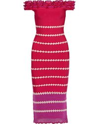 Hervé Léger Hervé Léger Off-the-shoulder Crochet-paneled Embroidered Bandage Dress Magenta