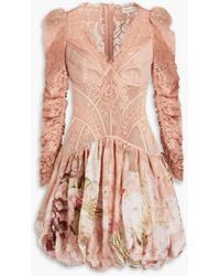 Zimmermann - Dancer Lace-paneled Floral-print Silk And Linen-blend Mini Dress - Lyst