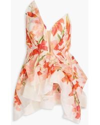 Zimmermann - Trägerloses oberteil aus einer leinen-seidenmischung mit floralem print und schößchen - Lyst