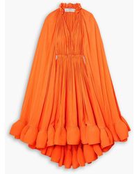 Lanvin - Cape-effect Tie-detailed Ruffled Charmeuse Dress - Lyst