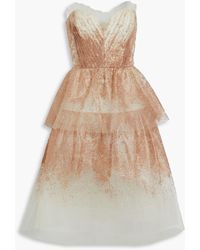 Marchesa - Strapless Tiered Glittered Tulle Midi Dress - Lyst