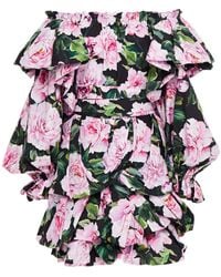 Dolce & Gabbana Off-the-shoulder Ruffled Floral-print Cotton-poplin Mini Dress - Black