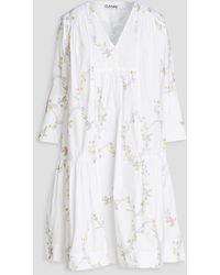 Ganni - Gathered Floral-print Cotton Dress - Lyst