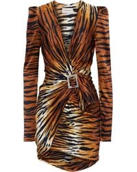 Alexandre Vauthier Wrap-effect Tiger-print Silk-blend Satin Mini Dress Animal Print - Brown