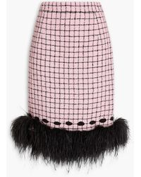 Huishan Zhang - Feather-trimmed Checked Bouclé-tweed Skirt - Lyst
