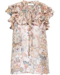 Zimmermann Ruffled Floral-print Silk-georgette Top Peach - Multicolour