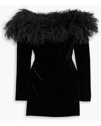 Alessandra Rich - Off-the-shoulder Feather-trimmed Stretch-velvet Mini Dress - Lyst