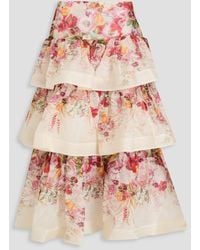 Zimmermann - Tiered Floral-print Linen And Silk-blend Gauze Midi Skirt - Lyst