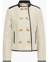 Tory Burch Double-breasted Leather-trimmed Linen Blazer - Multicolour