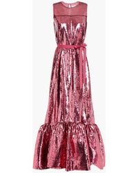 Huishan Zhang Belted Grosgrain-trimmed Sequined Tulle Gown - Pink