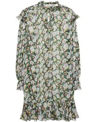 Maje Ruffle-trimmed Floral-print Metallic Voile Mini Dress Green