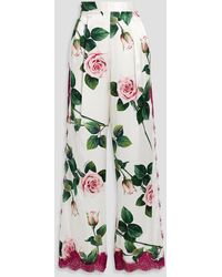 Dolce & Gabbana - Lace-trimmed Floral-print Silk-blend Satin Wide-leg Pants - Lyst