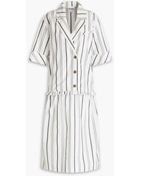 Ganni - Gathered Striped Cotton-poplin Midi Shirt Dress - Lyst